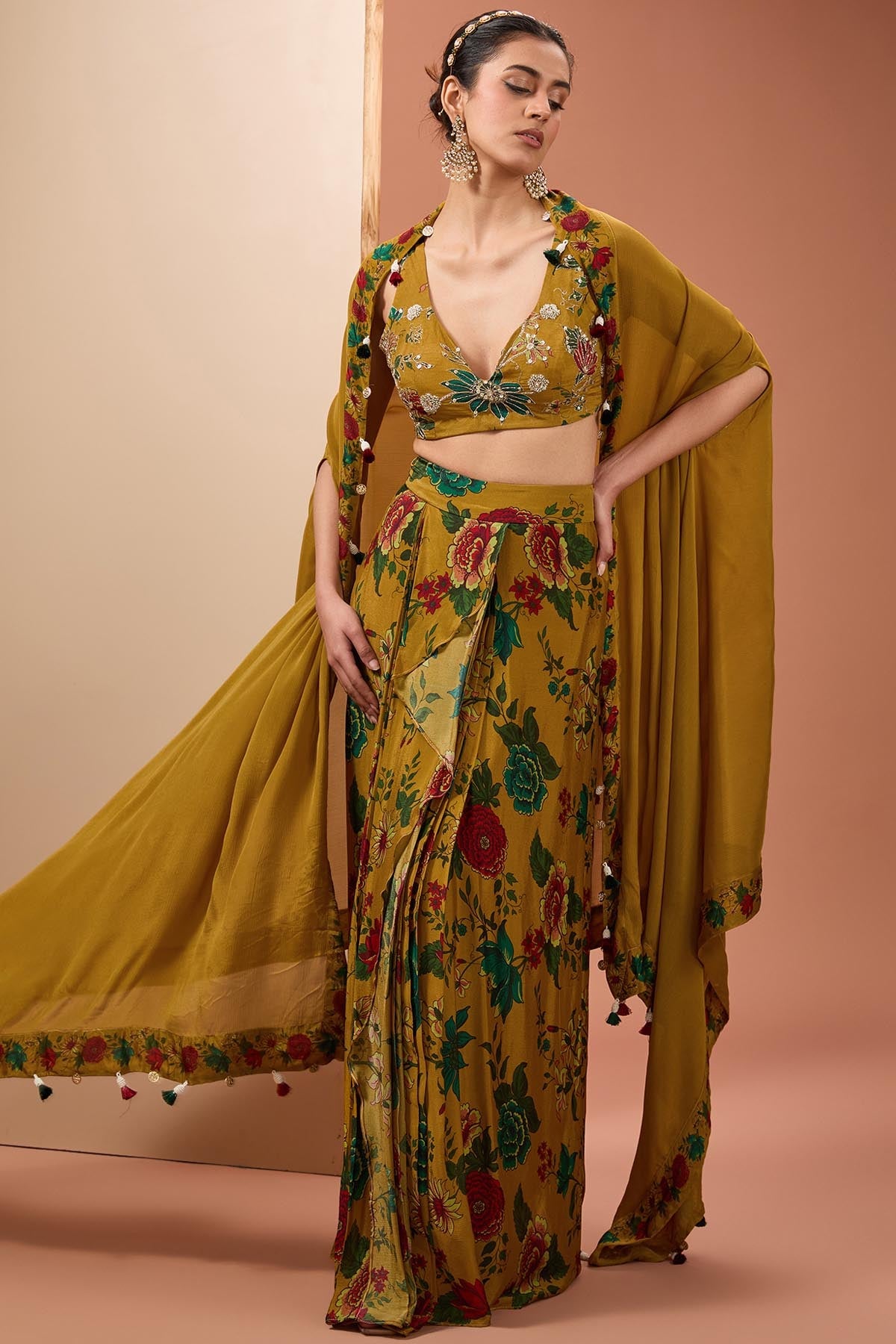 Designer Neha Khullar Floral Printed Cape & Skirt Set for Women Online